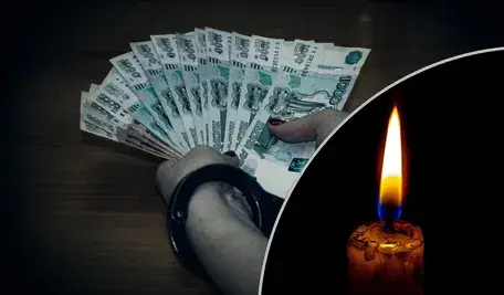 Paląca się świeczka na tle dłoni z założonymi kajdankami i pieniędzmi