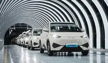 Linia produkcyjna samochodów elektrycznych BYD w chińskiej fabryce – auta ustawione w rzędzie w hali przemysłowej, gotowe do wyjazdu z linii montażowej
