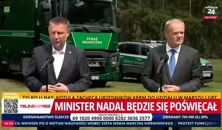Marcin Kierwiński i Donald Tusk podczas konferencji prasowej przed pojazdami Straży Granicznej – materiał wideo wPolsce24 dotyczący wotum nieufności wobec szefa MSWiA.