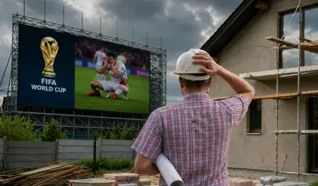 Mężczyzna na budowie w białym kasku patrzący na telebim