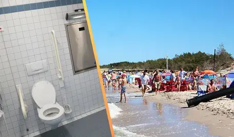 Zdjęcie toalety obok odpoczywających ludzi na plaży