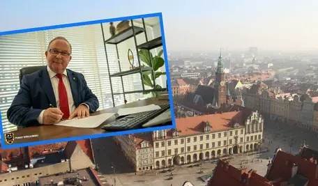 Starosta powiatu wrocławskiego Włodzimierz Chlebosz podpisujący dokumenty w biurze oraz panorama rynku we Wrocławiu, ilustracja do artykułu o konflikcie w Koalicji Obywatelskiej i sytuacji politycznej w powiecie wrocławskim.