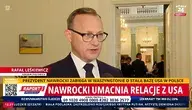 Rafał Leśkiewicz udziela wywiadu mediom na temat wizyty prezydenta Nawrockiego w USA i relacji polsko-amerykańskich.