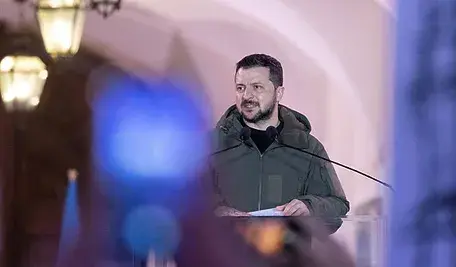 Prezydent Ukrainy Wołodymyr Zełenski podczas wystąpienia w Warszawie