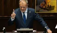 Na zdjęciu premier Tusk na sejmowej mównicy i kobieta w bieliźnie przed kamerką