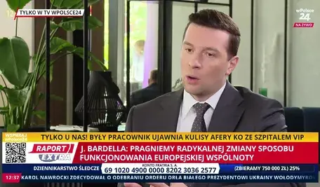 Jordan Bardella, przewodniczący francuskiego Zjednoczenia Narodowego, podczas wywiadu poświęconego przyszłości Francji, Europy i relacjom z Polską