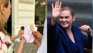 Katarzyna Pełczyńska-Nałęcz z synem przy świadectwie z czerwono-białym paskiem po złej stronie dokumentu i dumna ze swojej pracy pani minister edukacji