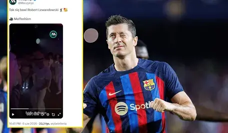 Robert Lewandowski świetnie bawił się na imprezie Szczęsnych. Mruży tez oczko w koszulce barcelony