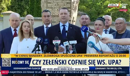 Przemysław Czarnek w Lublinie krytykuje Zełenskiego i decyzje Ukrainy dotyczące UPA podczas konferencji pod pomnikiem Ofiar Wołynia.