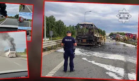 Zdjęcia dokumentujące pożar autokaru na A1