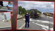 Zdjęcia dokumentujące pożar autokaru na A1