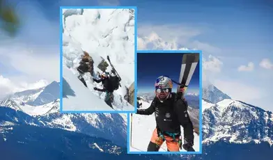 Andrzej Bargiel podczas wyprawy na tle gór