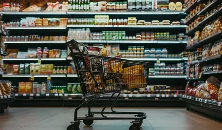 Wózek sklepowy w supermarkecie na tle półek pełnych produktów spożywczych, symbolizujący zakupy żywności w sklepie.