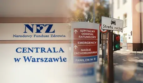 Logo Narodowego Funduszu Zdrowia i drogowskaz do szpitala
