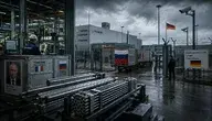 Ilustracja przedstawiająca zakład Framatome w Lingen, w którym ma być produkowane paliwo jądrowe według rosyjskiej technologii. Widoczne pręty paliwowe, rosyjska flaga oraz wizerunek Władimira Putina podkreślają polityczne i bezpieczeństwa kontrowersje związane ze współpracą Francji, Niemiec i rosyjskiego Rosatomu.