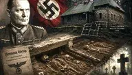 Grafika ilustracyjna przedstawiająca Hermanna Göringa, flagę III Rzeszy, dom w Wilczym Szańcu oraz odkryte podczas badań archeologicznych ludzkie szkielety.