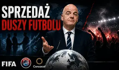 Gianni Infantino na tle stadionu i piłkarskiego świata symbolizujący kontrowersje wokół planu sprzedaży udziałów FIFA prywatnym inwestorom