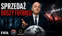Gianni Infantino na tle stadionu i piłkarskiego świata symbolizujący kontrowersje wokół planu sprzedaży udziałów FIFA prywatnym inwestorom