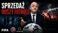 Gianni Infantino na tle stadionu i piłkarskiego świata symbolizujący kontrowersje wokół planu sprzedaży udziałów FIFA prywatnym inwestorom