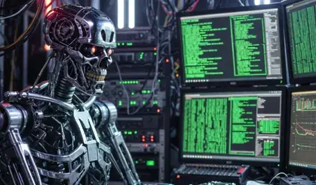 Ilustracja przedstawiająca robota symbolizującego sztuczną inteligencję przy komputerze, nawiązująca do informacji o autonomicznym cyberataku przeprowadzonym przez testowane modele AI na kilka internetowych platform.