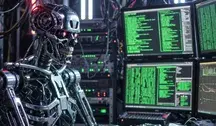 Ilustracja przedstawiająca robota symbolizującego sztuczną inteligencję przy komputerze, nawiązująca do informacji o autonomicznym cyberataku przeprowadzonym przez testowane modele AI na kilka internetowych platform.
