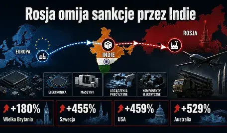Infografika przedstawia trasę przepływu technologii z Europy przez Indie do Rosji. Na grafice widać mapy Europy, Indii i Rosji, kategorie produktów podwójnego zastosowania oraz wzrost eksportu z Wielkiej Brytanii, Szwecji, USA i Australii.