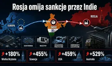 Infografika przedstawia trasę przepływu technologii z Europy przez Indie do Rosji. Na grafice widać mapy Europy, Indii i Rosji, kategorie produktów podwójnego zastosowania oraz wzrost eksportu z Wielkiej Brytanii, Szwecji, USA i Australii.