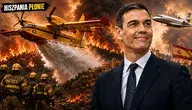Samolot gaśniczy walczący z pożarem w Hiszpanii na tle ognia i Pedra Sancheza z prywatnym odrzutowcem VIP