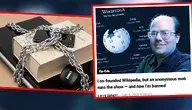 Po lewej stronie laptop, książka i telefon spięte łańcuchem jako symbol cenzury, po prawej screen z amerykańskiego portalu, na którym widać logo wikipedii i twarz jej założyciela 