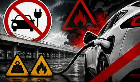 Dramatyczna grafika przedstawiająca samochód elektryczny podłączony do ładowarki na parkingu dachowym. W tle widoczne są znaki ostrzegawcze symbolizujące zakaz wjazdu, ryzyko pożaru baterii oraz problem z dużą masą pojazdów elektrycznych. Ciemna, alarmowa stylistyka nawiązuje do dyskusji o bezpieczeństwie i infrastrukturze dla elektromobilności.