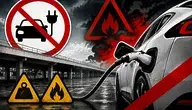 Dramatyczna grafika przedstawiająca samochód elektryczny podłączony do ładowarki na parkingu dachowym. W tle widoczne są znaki ostrzegawcze symbolizujące zakaz wjazdu, ryzyko pożaru baterii oraz problem z dużą masą pojazdów elektrycznych. Ciemna, alarmowa stylistyka nawiązuje do dyskusji o bezpieczeństwie i infrastrukturze dla elektromobilności.