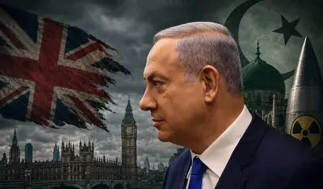 Benjamin Netanjahu w garniturze na tle mrocznego krajobrazu Londynu z flagą Wielkiej Brytanii i symbolicznymi elementami związanymi z debatą o islamie oraz broni nuklearnej.