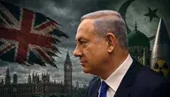 Benjamin Netanjahu w garniturze na tle mrocznego krajobrazu Londynu z flagą Wielkiej Brytanii i symbolicznymi elementami związanymi z debatą o islamie oraz broni nuklearnej.
