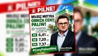 PSL pochwaliło się grafiką przypisującą ministrowi energii Miłoszowi Motyce obniżkę cen paliw