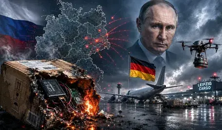 Hybrydowa wojna Rosji w Niemczech – Władimir Putin, flaga Niemiec, mapa kraju, płonąca przesyłka i dron nad lotniskiem w Lipsku.