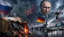 Hybrydowa wojna Rosji w Niemczech – Władimir Putin, flaga Niemiec, mapa kraju, płonąca przesyłka i dron nad lotniskiem w Lipsku.