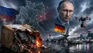 Hybrydowa wojna Rosji w Niemczech – Władimir Putin, flaga Niemiec, mapa kraju, płonąca przesyłka i dron nad lotniskiem w Lipsku.