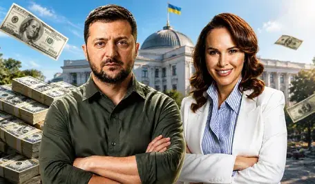 Operacja „Forrest Gump” – Wołodymyr Zełenski i Iryna Mudra na tle ukraińskich instytucji oraz dolarów symbolizujących aferę korupcyjną