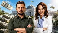 Operacja „Forrest Gump” – Wołodymyr Zełenski i Iryna Mudra na tle ukraińskich instytucji oraz dolarów symbolizujących aferę korupcyjną