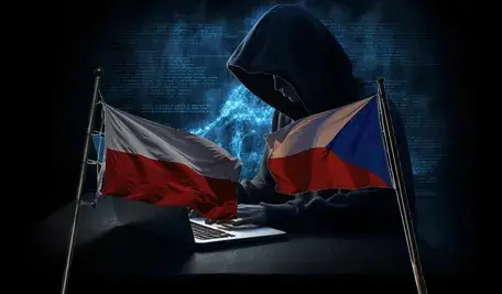 Flagi Polski i Czech na tle mężczyzny siedzącego przy komputerze