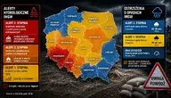 Mapa Polski z alertami IMGW przed intensywnymi opadami i wezbraniami rzek. Ostrzeżenia hydrologiczne i pogodowe obowiązują w wielu regionach kraju.