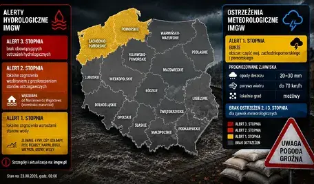 Mapa Polski z aktualnymi ostrzeżeniami IMGW przed burzami i intensywnymi opadami. Alert pierwszego stopnia dla części województwa zachodniopomorskiego i pomorskiego.