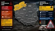 Mapa Polski z aktualnymi ostrzeżeniami IMGW przed burzami i intensywnymi opadami. Alert pierwszego stopnia dla części województwa zachodniopomorskiego i pomorskiego.