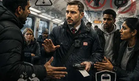 Pracownik Deutsche Bahn w pociągu podczas kontroli biletów, otoczony przez pasażerów. Grafika przedstawia problem agresji i przemocy wobec kolejarzy w Niemczech