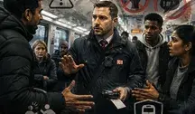 Pracownik Deutsche Bahn w pociągu podczas kontroli biletów, otoczony przez pasażerów. Grafika przedstawia problem agresji i przemocy wobec kolejarzy w Niemczech