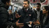 Pracownik Deutsche Bahn w pociągu podczas kontroli biletów, otoczony przez pasażerów. Grafika przedstawia problem agresji i przemocy wobec kolejarzy w Niemczech
