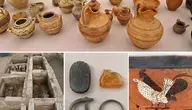 Kolaż zdjęć przedstawiający odkrytą w Gragnano starożytną nekropolię z VI wieku p.n.e., kamienne grobowce, zabytkową ceramikę oraz artefakty znalezione podczas wykopalisk przy fabryce Pasta Garofalo.