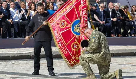 Prezydent Wołodymyr Zełenski w czasie obchodów Dnia Niepodległości Ukrainy w Kijowie 