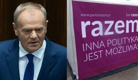 Donald Tusk i logo Partii Razem