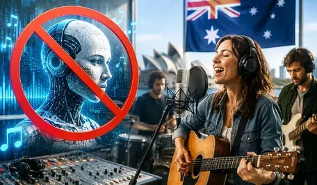 Australia blokuje muzykę stworzoną przez AI na listach przebojów, artysta śpiewa w studiu obok symbolu sztucznej inteligencji